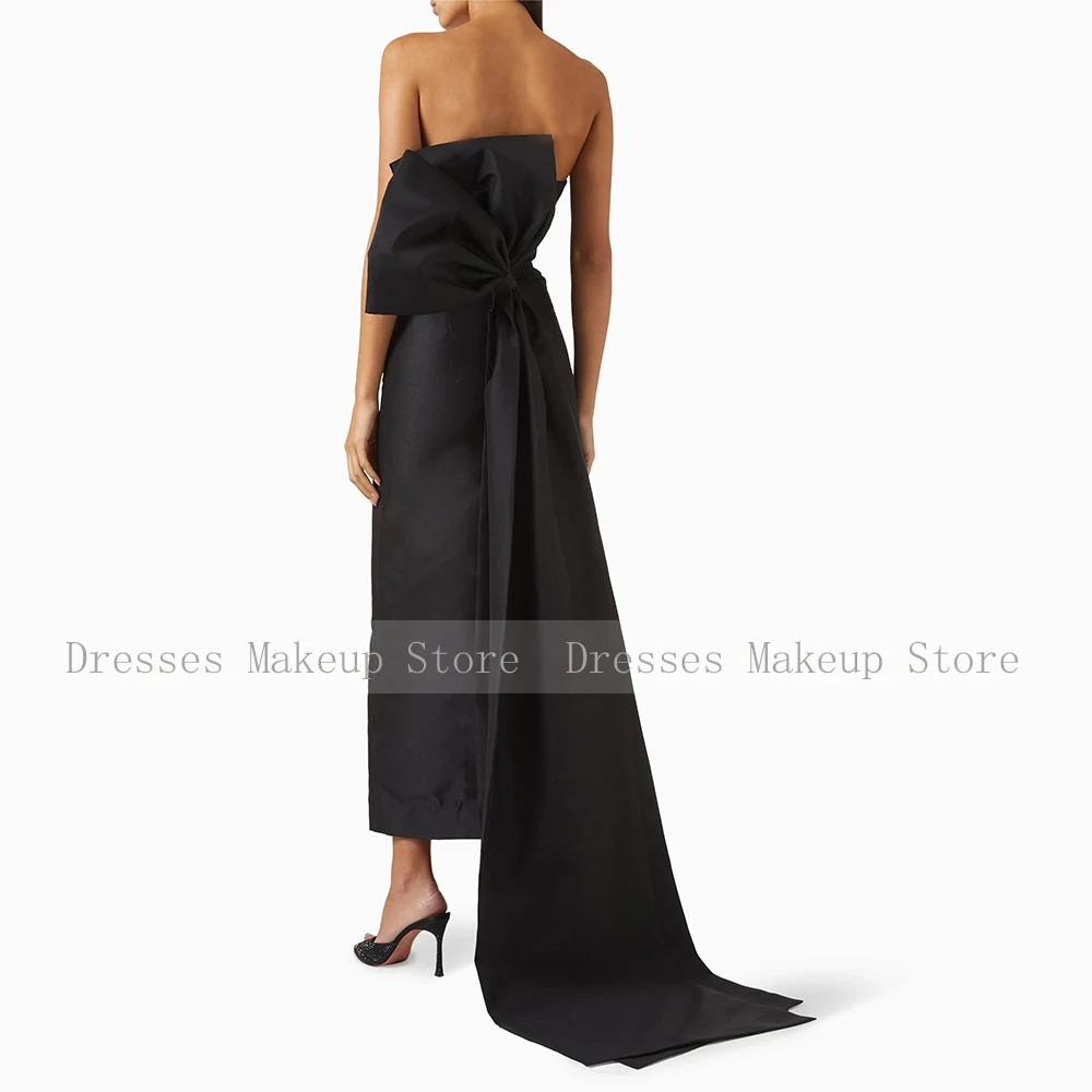 فستان حفلة موسيقية بعمود أسود للمرأة 2025 بدون حمالات طول الكاحل فساتين رسمية أنيقة مع فيونكة كبيرة بدون أكمام من الساتان فساتين سهرة #2