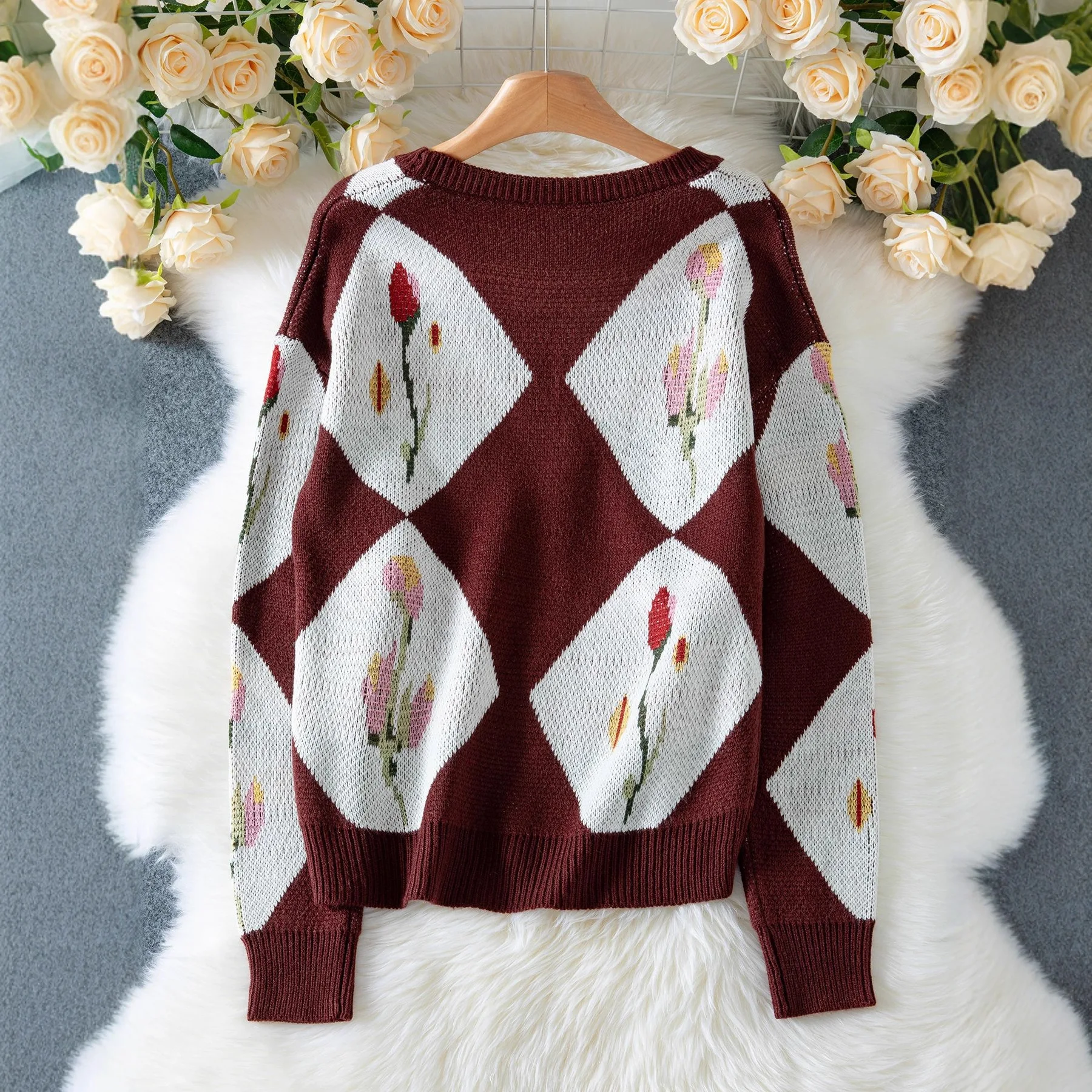Sweet Flower Jacquard Women Cardigan Sweet Color Blocked Drop Shoulder Sweater For Female Versatile Single Breast Lady Knitwear