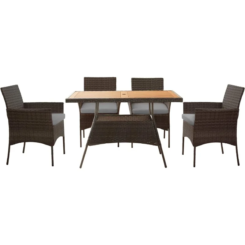 Home Outdoor PE Rattan Dining Set for Four, Removable Water-Resistant Cushions, Acadia Wood-Slated Table Top for Patios