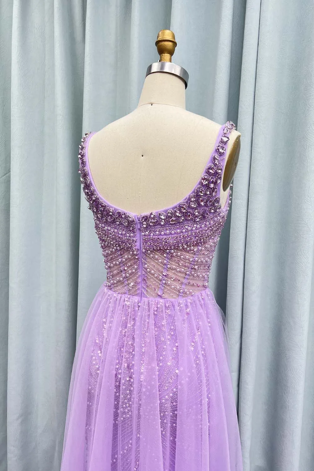 YQLNNE Purple Crystals Long Evening Dresses Mermaid Straps Tulle Beaded Weddding Party Gown