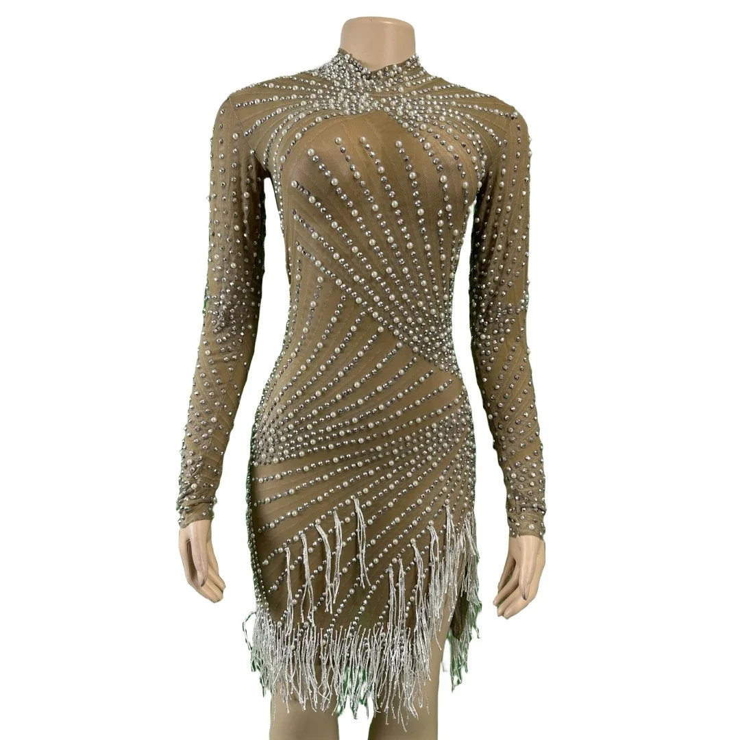 

Sparkly Pearl Fringe Rhinestone Drag Queen Costume For Women Stretch Night Club Stage Wear Carnival Cheerleading Bodycon Dresses