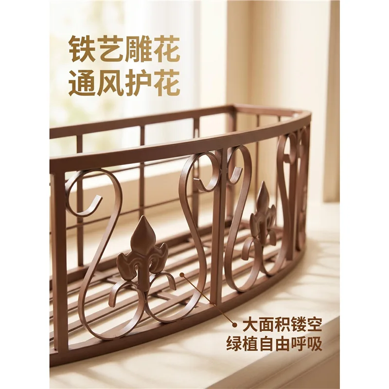 Wrought iron balcony wall-mounted flower rack, antique bronze curved carved window edge wall-mounted flower pot rack