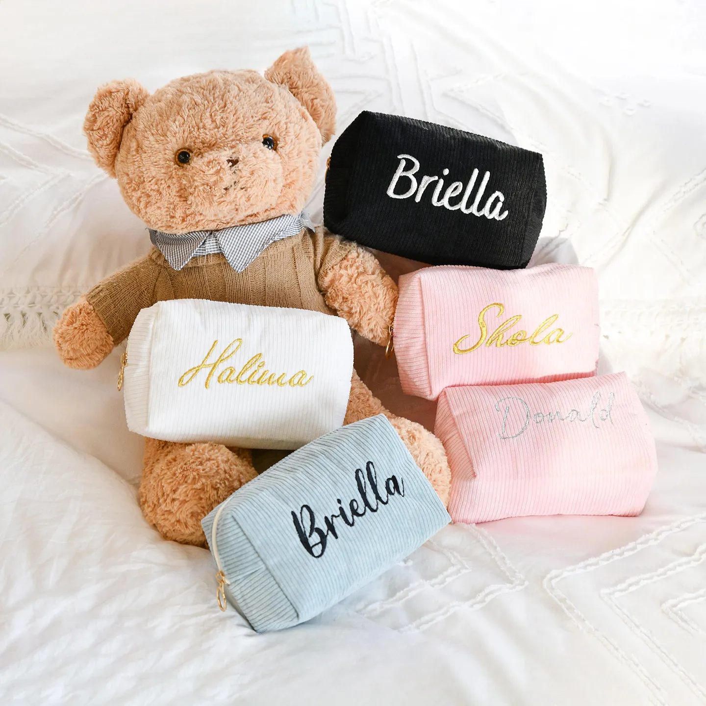 Personalized Corduroy Pencil Case Custom Name Embroidery Makeup Bag Girls Cute Zipper Pouch School Stationery Cosmetic Bag