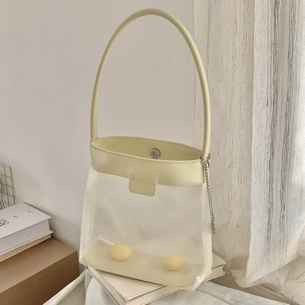 

Leisure Lightweight Mesh Bucket Bag PU Leather Commuting Transparent Bag Large Capacity Simple Single Shoulder Bag Girls