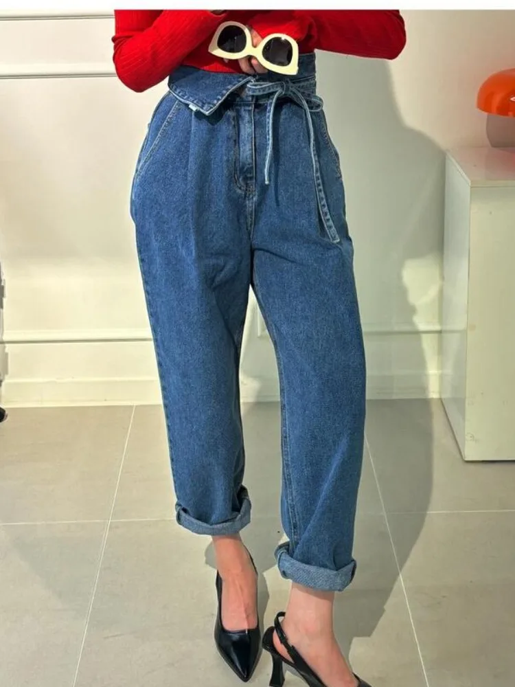 

Trendy Belted Denim Jeans Women's Spring New Style Korean Retro Straight Harem Pants Long Trousers Unique Design Sensation