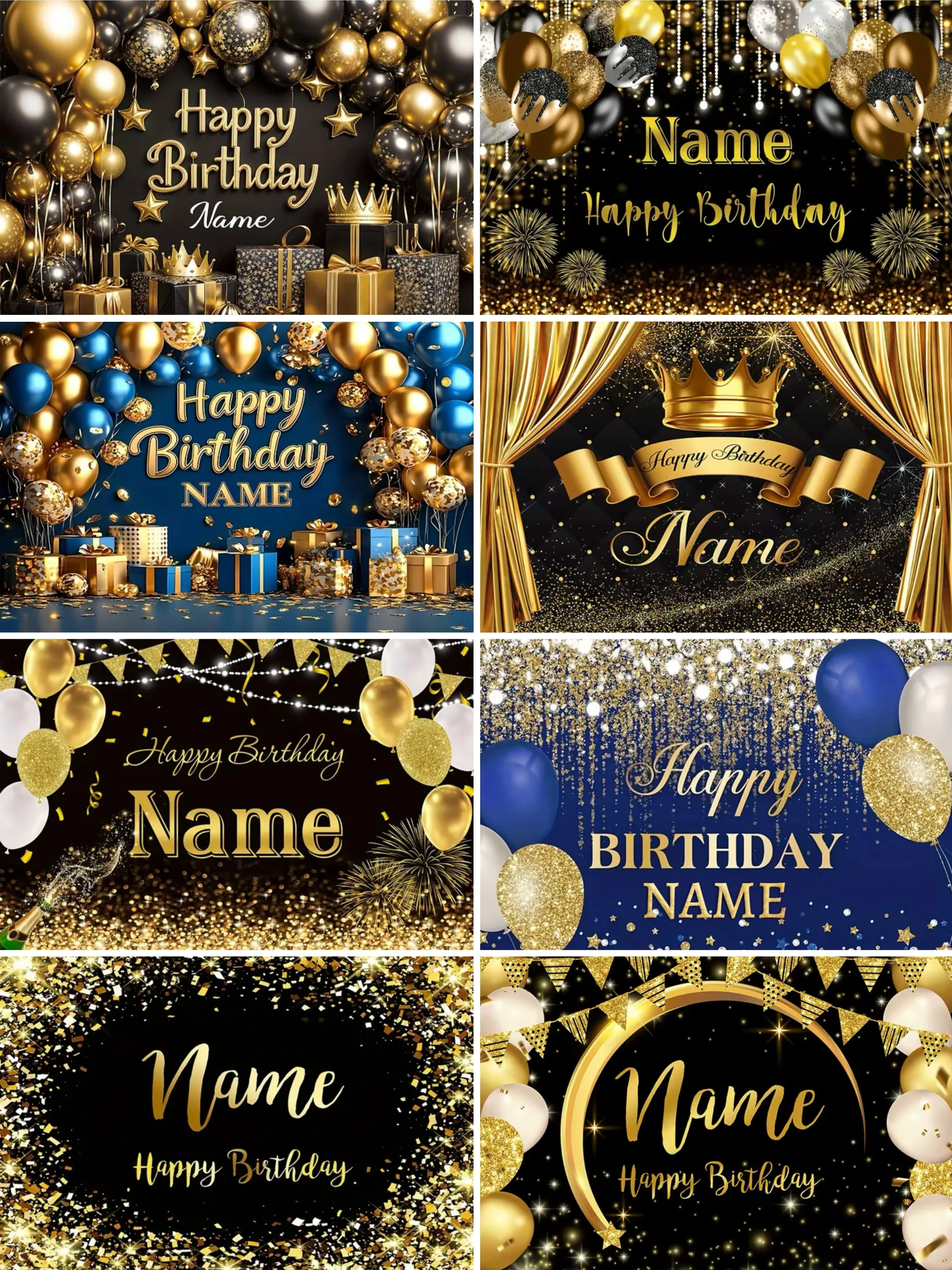 

Personalized Birthday Party Customized Photo Background pPersonalized Name Text Black and Gold Balloon Sparkling Birthday Party