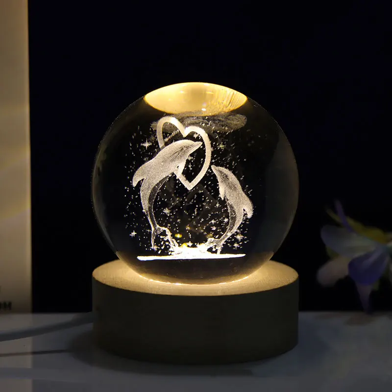 3D Laser Carving Luminous Crystal Ball Dolphin Whale Bedroom Warm Night Light Ornaments Birthday Craft Gifts Home Decoration