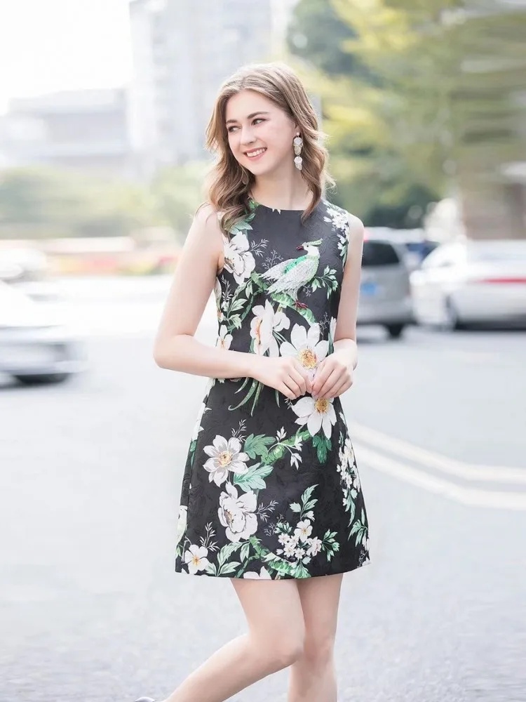 Vrouwtjes Zomer Pailletten Glanzende Bloemenprint Jurk O-hals Boven Knielengte Zonnejurk Mouwloze Dunne Papegaai Plant Bloemen Jurken