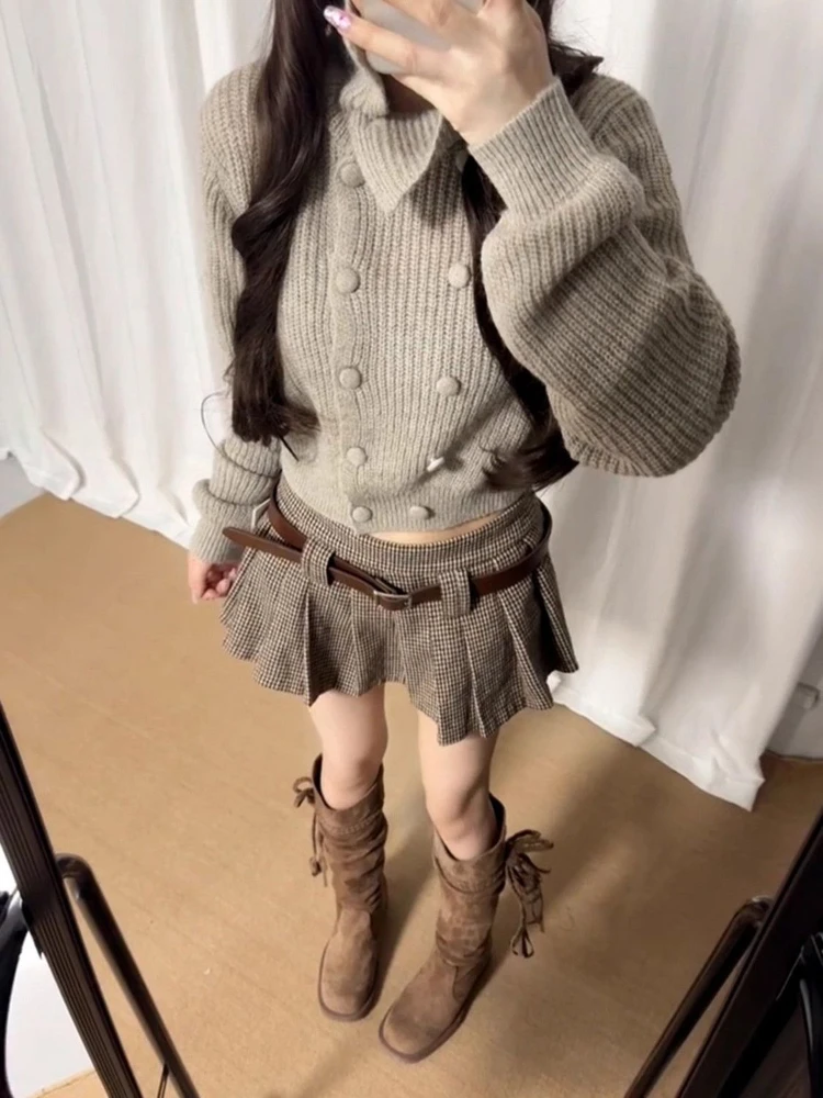 Outono winrer doce quente menina 2 peça conjunto feminino casual curto malha cardigan + y2k xadrez mini saia elegante moda saia ternos novo