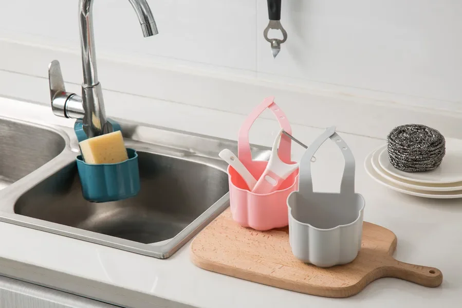 Faucet Mounted Sponge Drain Basket Kitchen Sink Sponge Brush Storage Rack Plastic Holder Box Kitchen Gadget