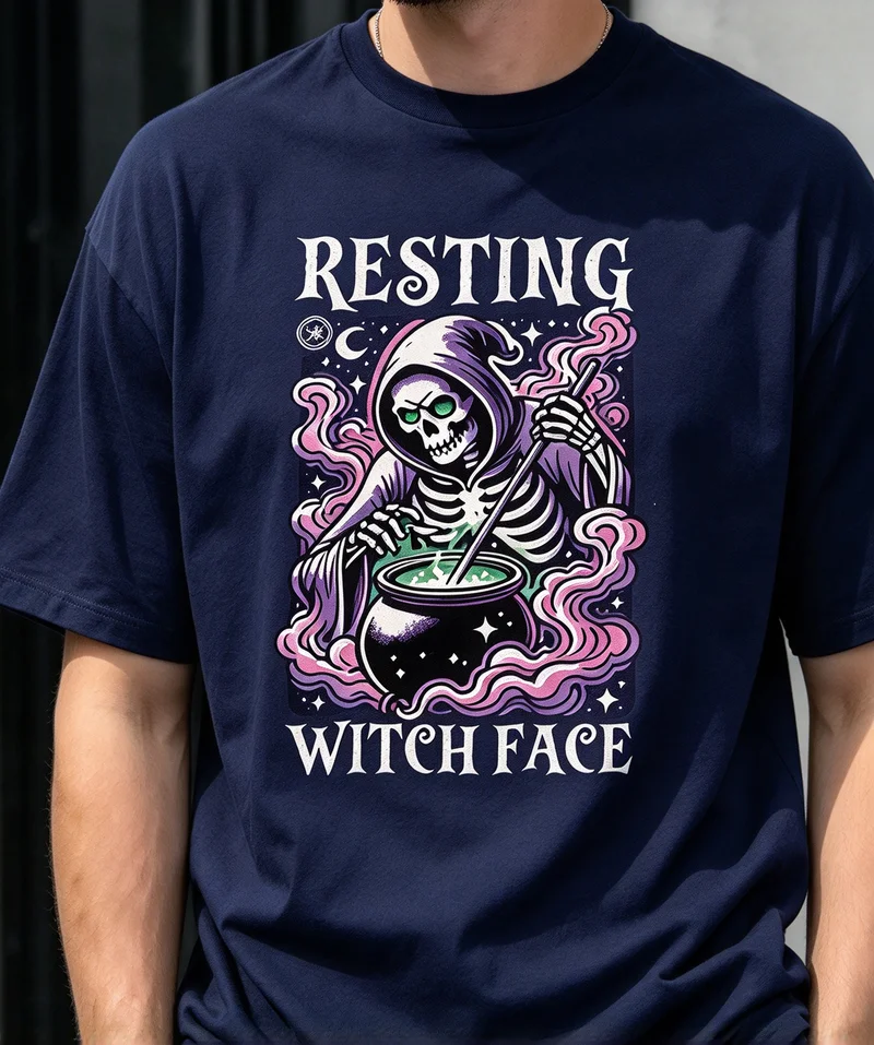 Resting Witch Face Skeleton Witch Potion T Shirt Women Halloween Gothic Graphic Tee Holiday Cotton Harajuku Y2k Top