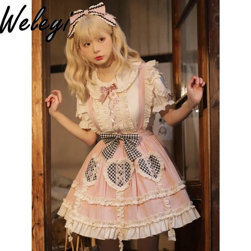 

Cute Lolita Bow Strap Skirts Ropa Mujer Spring Autumn Streetwear New Lace Up Pleated A Type Elegant Princess Faldas Para Mujeres