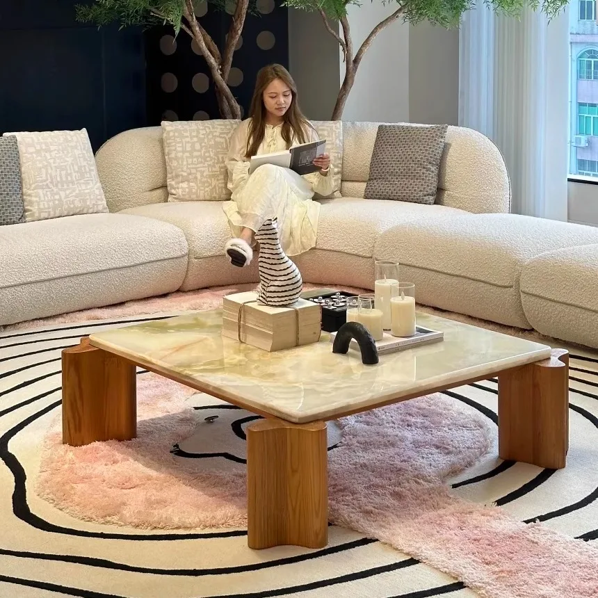 Celadon Green Marble & Solid Wood Square Table, Nordic Wabi-Sabi Minimalist Design, Heat&Scratch Resistant, Artisan, Customize