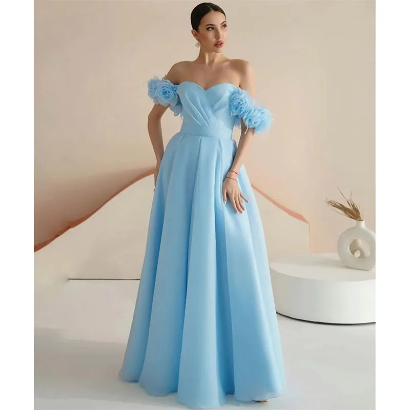 Robe de Soirée Longue Bleu Clair avec Fleurs Faites à la Main, Tenue de Bal Trapèze, Longueur au Sol, Formelle, pour Femme