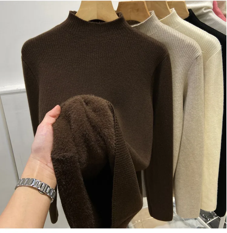Roll kragen pullover Winter pullover Frauen elegant verdicken Samt gefüttert warm Sueter gestrickt Pullover schlanke Tops Jersey Strick pullover neu – Detail 2