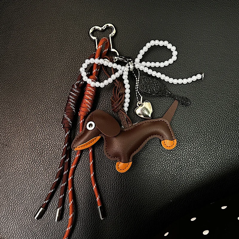 Vintage Maillard Color Cute Sausage Dog Bag Pendant Korean Ins Style Bow Bag Premium Accessories Hanging Rope