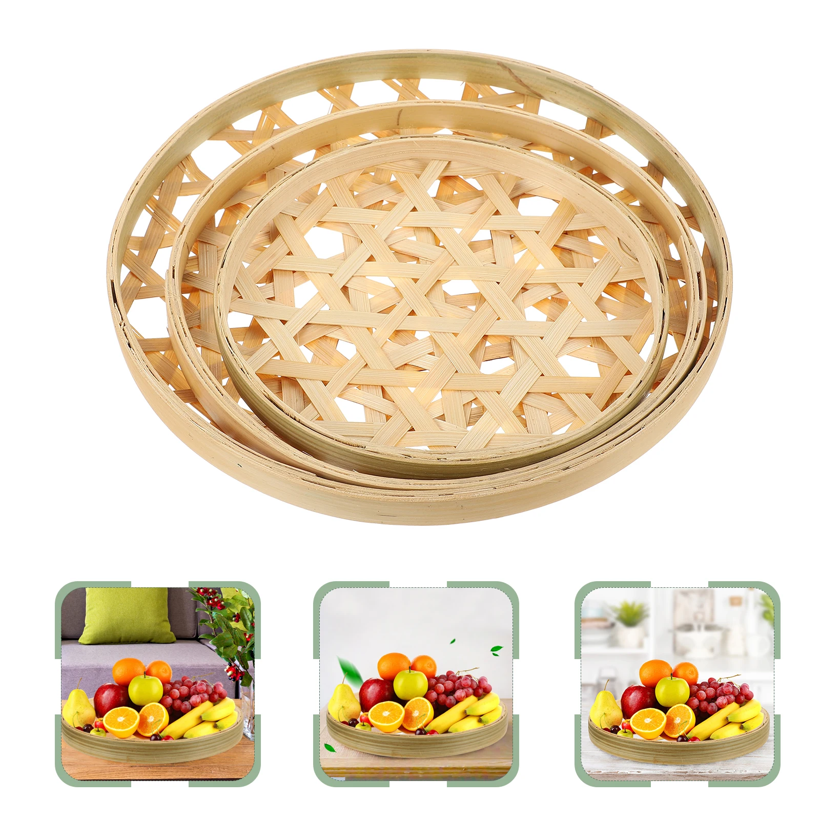 

3 Pcs Woven Basket Bamboo Weaving Dustpan Sieve Round Snack Holder Practical Food Handmade