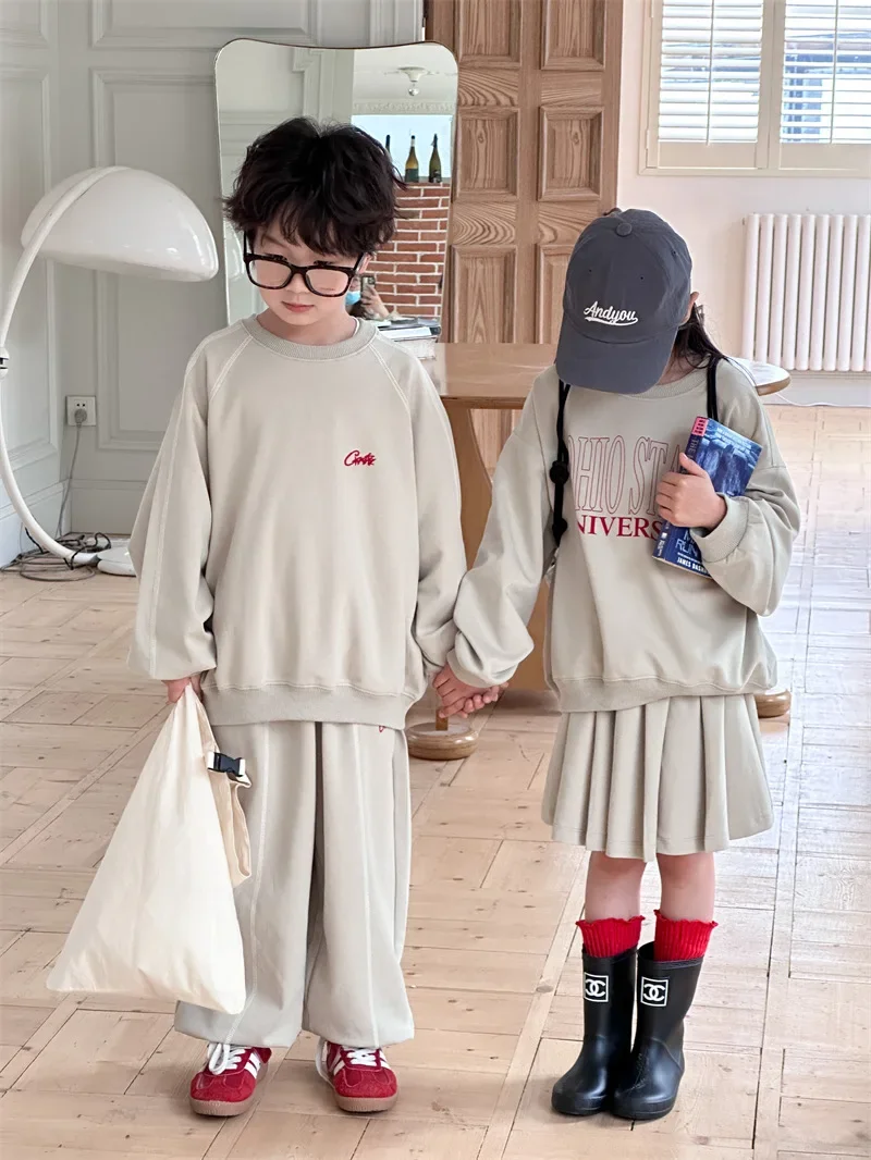 Kid Clothes Suit 2024 Spring New Korean Style Children Sister and Brother Letter Suit Boys and Girls Casual Hoodie Two-piece Set