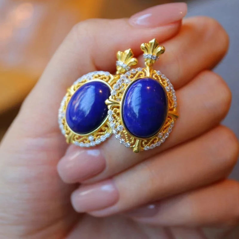 Light Luxury Lapis Lazuli Earrings for Women Designer Original Silver Inlaid Retro Court Style Elegant Wedding Jewelry