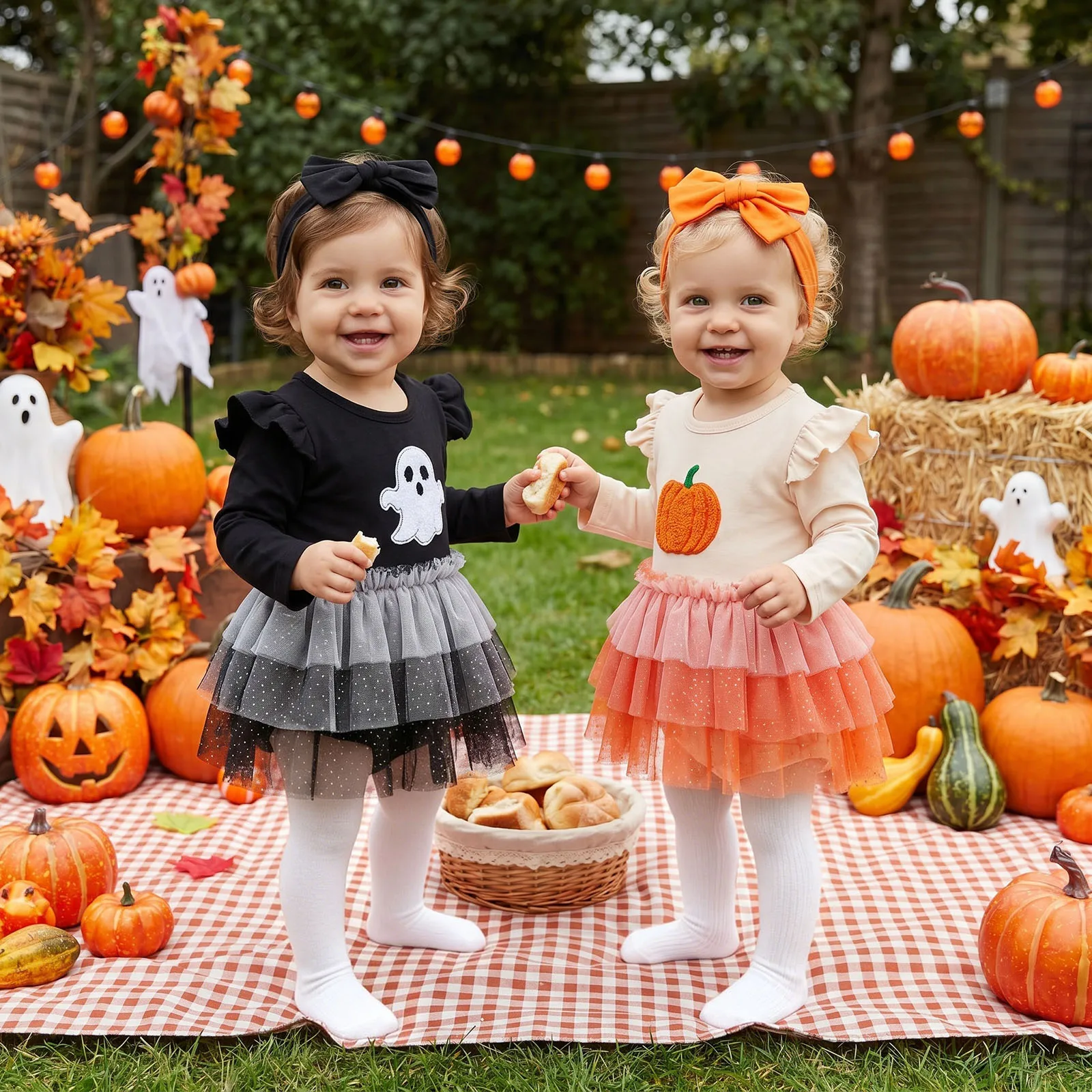 Newborn Girl Fall Outfit Long Sleeve Embroidery Pumpkin/Ghost Tulle Patchwork Romper Dress with Headband Halloween Clothes