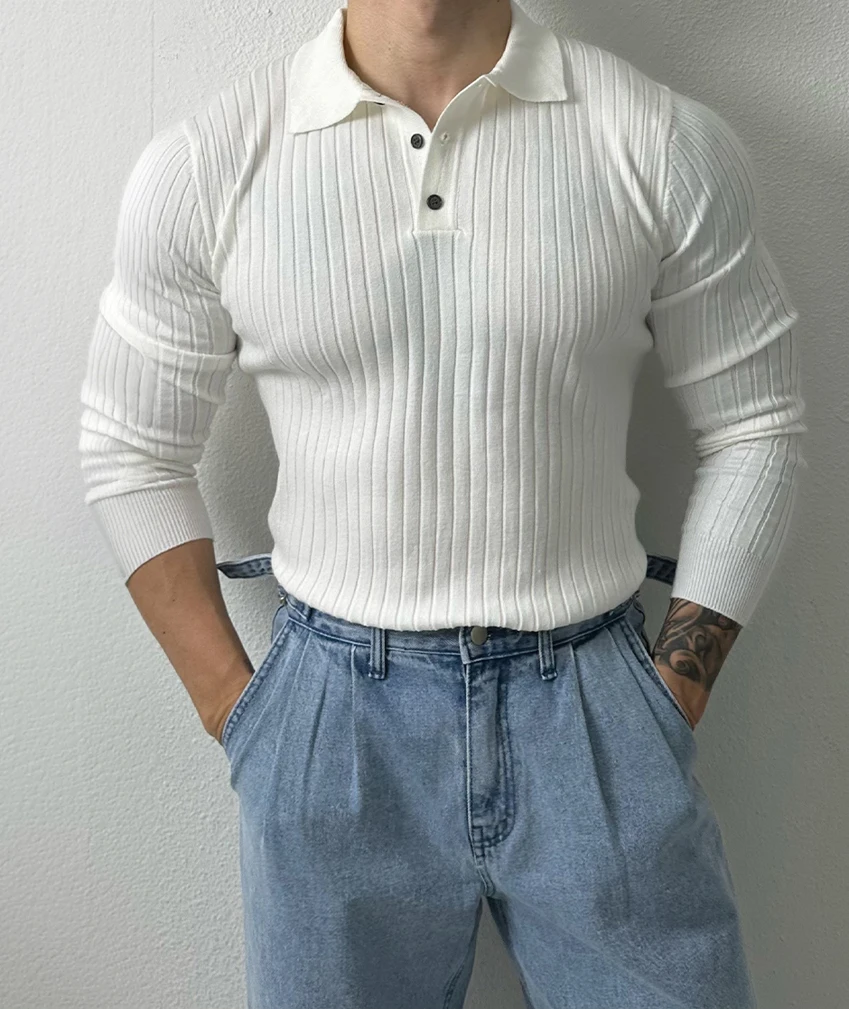 

Американский мужской вязаный свитер в полоску с длинным рукавом, тонкий, облегающий, для ношения под одеждой, шерстяной базовый слой