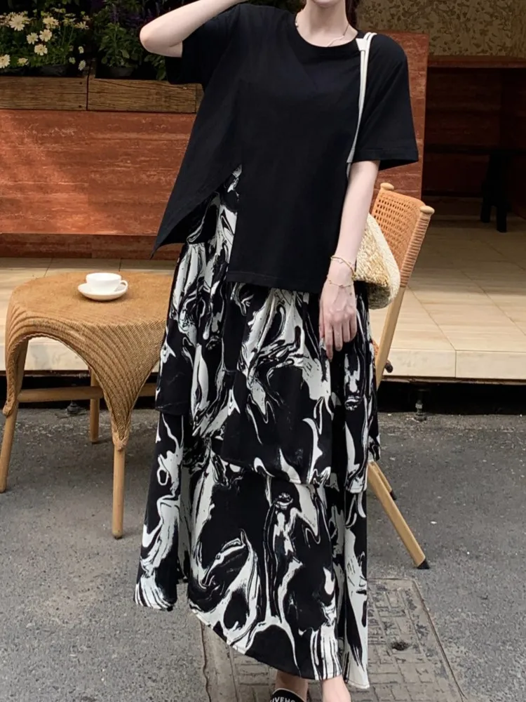 Mozigda 특대 여름 가짜 두 조각 세트 패치 워크 인쇄 꽃 드레스 여성 느슨한 긴 여자 드레스 숙녀 드레스 Vestidos