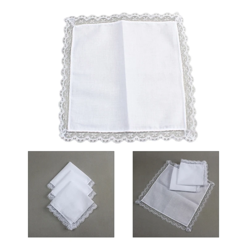 White Hankie Women Handkerchiefs Cotton Lace Trim Super Soft Washable Hanky Chest Towel Pocket Lace Trim Handkerchiefs