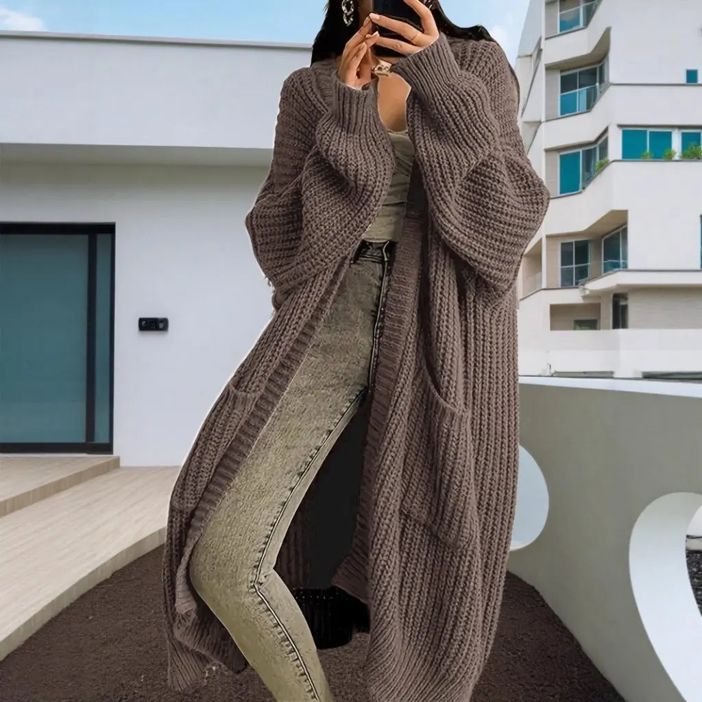 Kardigan Rajut Lengan Panjang Wanita dengan Kancing Depan Terbuka Warna Polos Pakaian Luar Kasual Mantel Panjang Sedang Gaya Baru