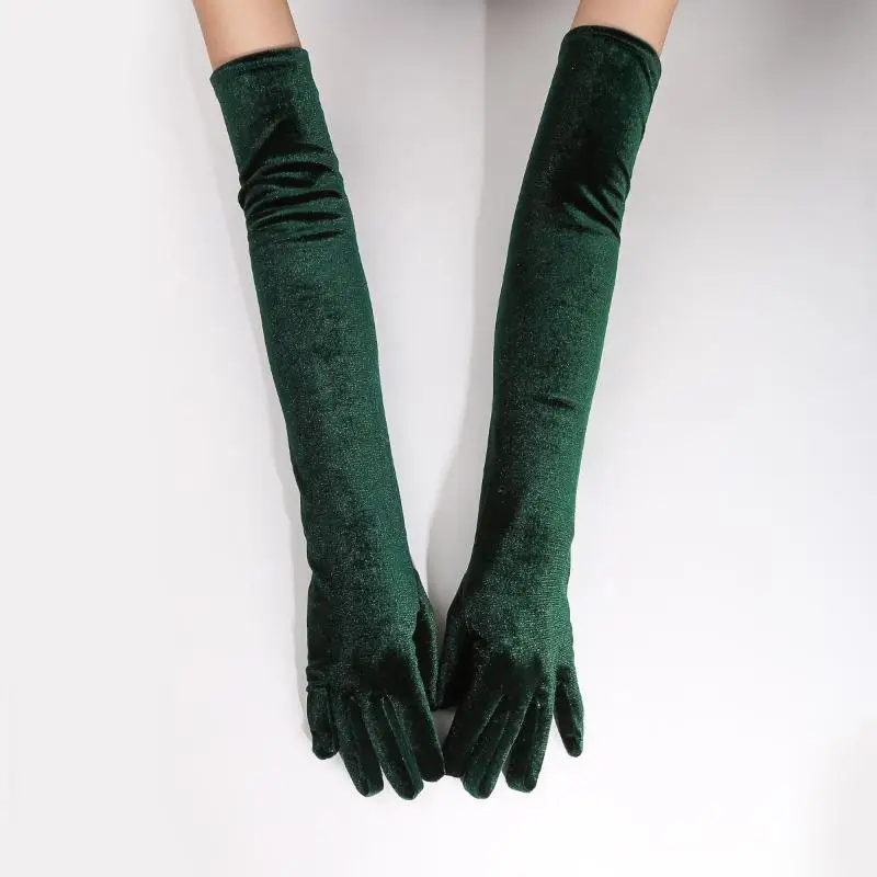 1 Paar flauschige, elegante, einfarbige Samthandschuhe für Damen, 53 cm lang, mit vollem Fingerbereich, für Abendkleider, Etikette, Bühnenauftritte und Partys – Detail 2