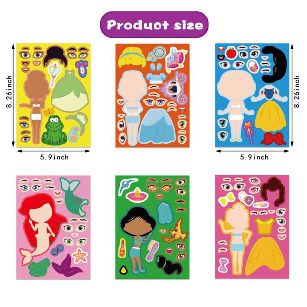 6/12Sheets Disney Cartoon Princess Children Puzzle Stickers Make-a-Face Funny Assemble Jigsaw DIY Sticker Kids Educational Toys