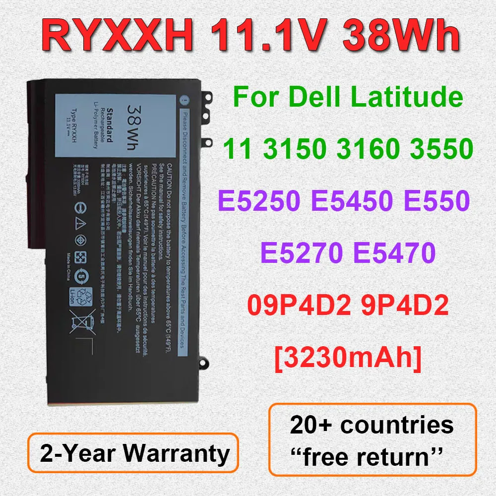11.1V 38Wh RYXXH Laptop Battery For Dell Latitude 11 3150 3550 3160 12 5000 E5250 E5450 E5550 E5270 E5470 Series 09P4D2 9P4D2