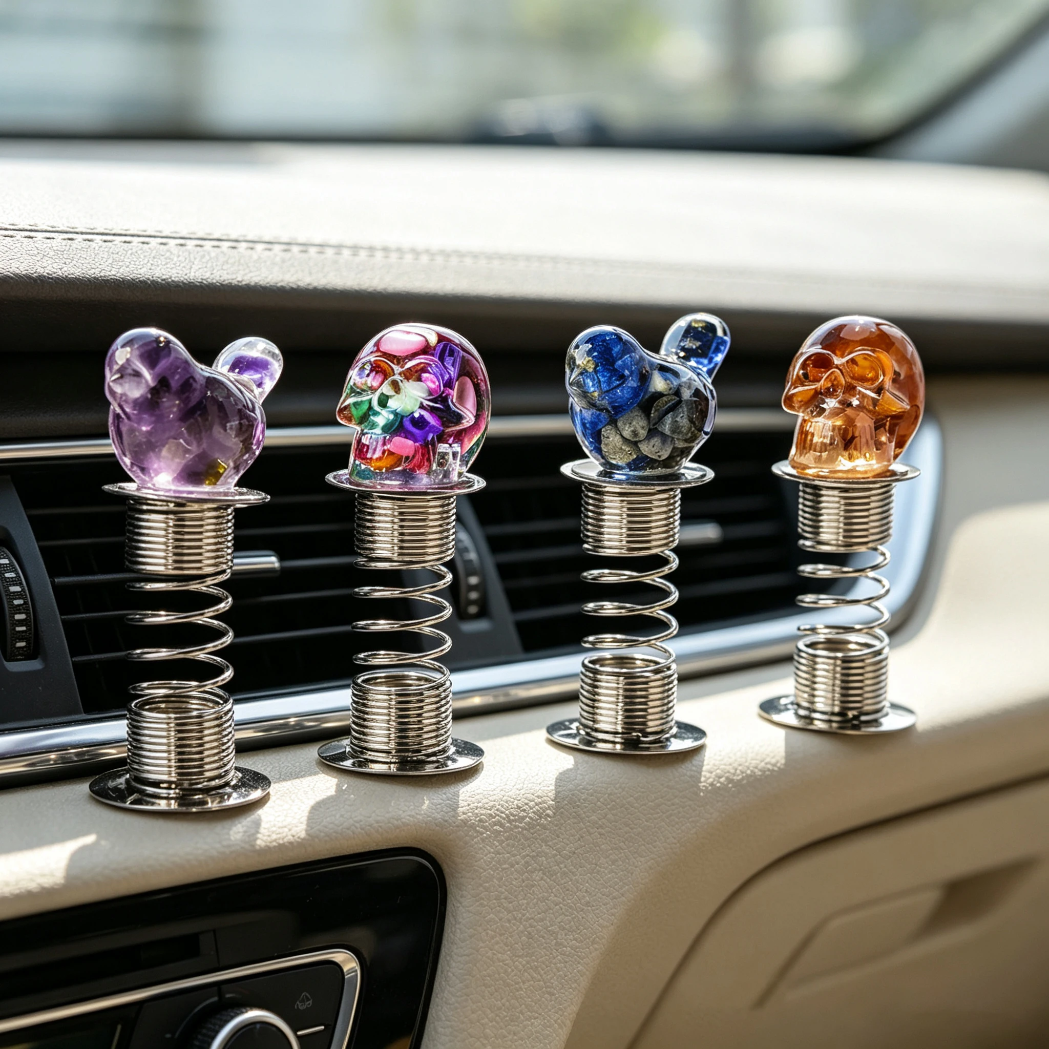 5pcs Natural Crystal Bird Skull Spring Ornament, Filled with Crushed Resin Stones, Animal Statue for Car Center Console