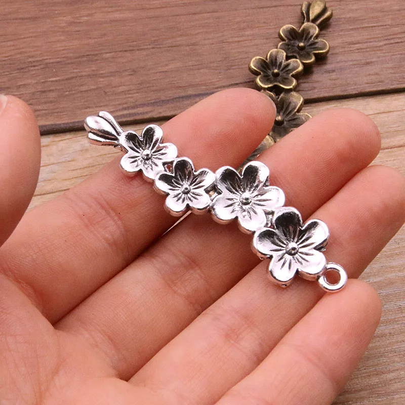 6PCS 15*52mm Metal Alloy 2 Color 3D Branches 4 Flower Charms Plant Pendants For DIY Necklace Bracelet Jewelry Making Findings