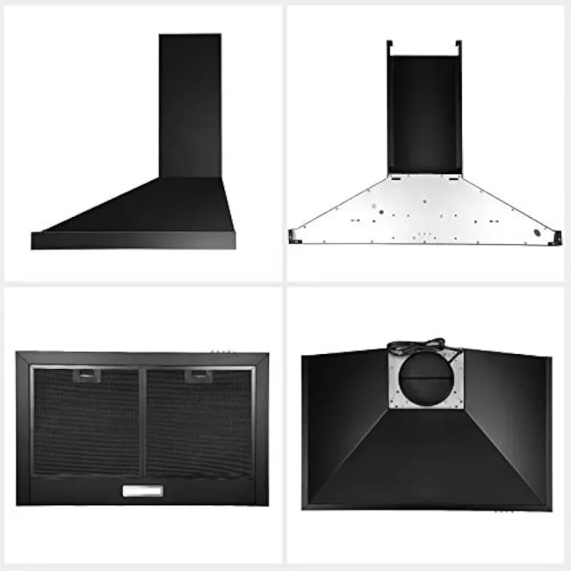 HAOYUNMA-Aço Inoxidável Cozinha Vent Hood,Wall Mount, Ductless Convertible ou Ductless, Preto