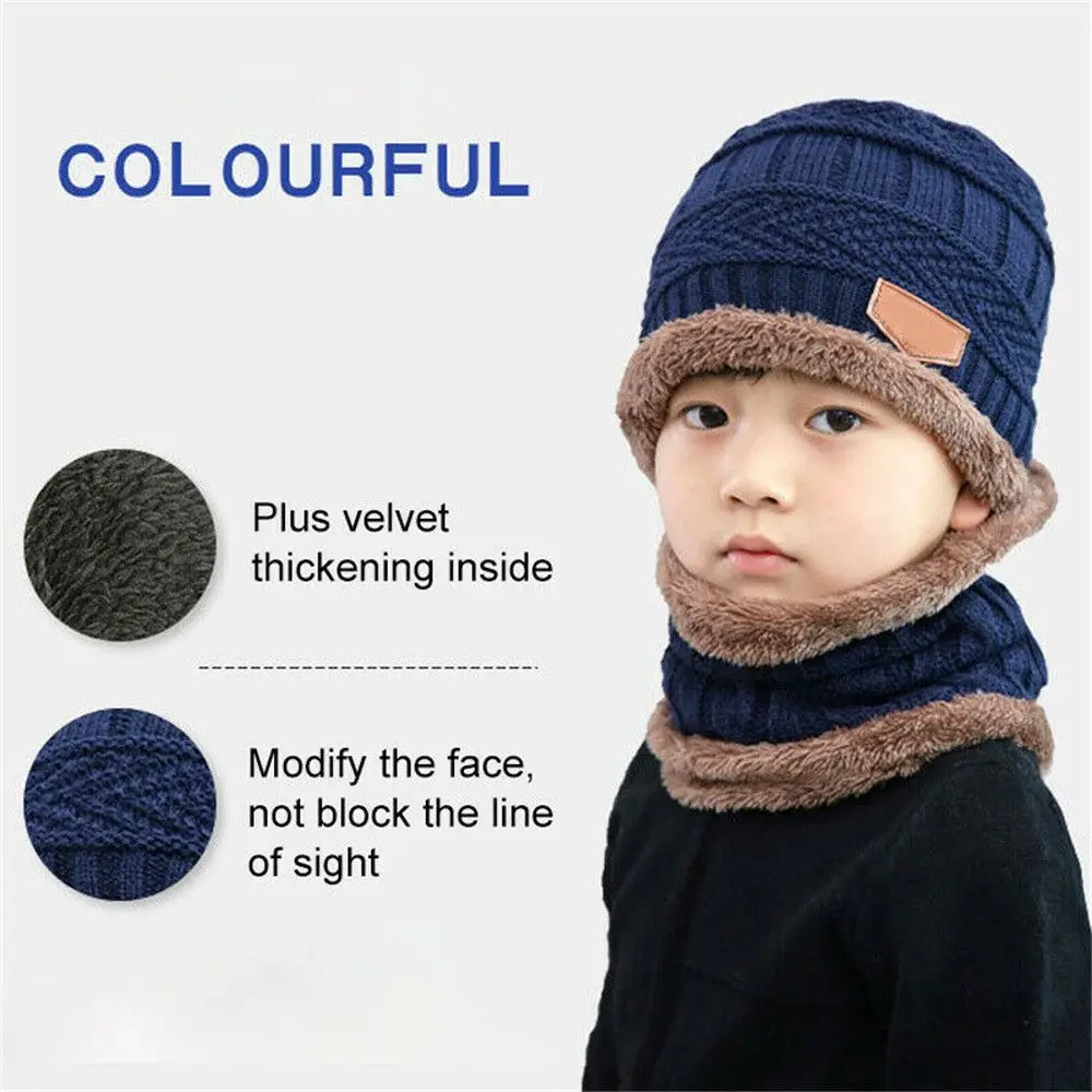 Kids Winter Neck Scarf Cap Set Fashion Beanie Warm Hat Scarf Set Neck Cover Fleece Knitted Thick Ski Cap Warm Balaclava