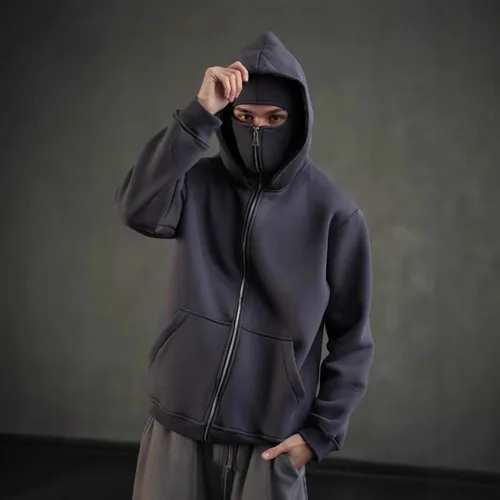 Imagen 2 del producto Pasamontañas Hombres Zip Sudadera con capucha Invierno Cálido Casual Sudadera Y2K con Capucha Mascarilla Diseño de Cremallera Chaqueta Deportiva Actividades al aire libre