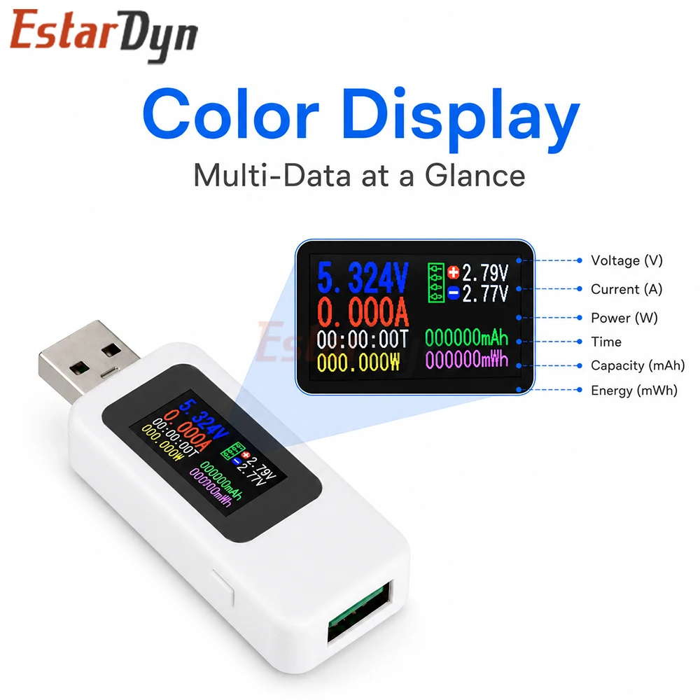 EstarDyn KWS-MX18L USB Tester DC 4-30V 0-6.5A Color Display Voltmeter Ammeter Power Meter Charger Power Bank