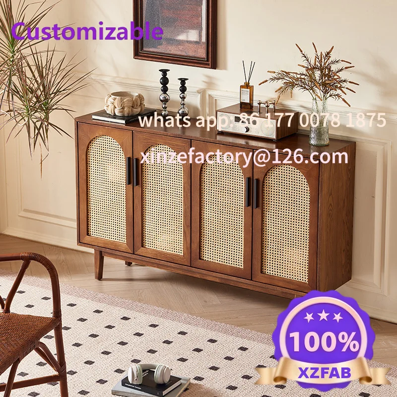 Customizable Wind Solid Wood Rattan Dining Side Cabinet Four Door Storage Cabinet Bedroom Multi-function Storage Cabinet