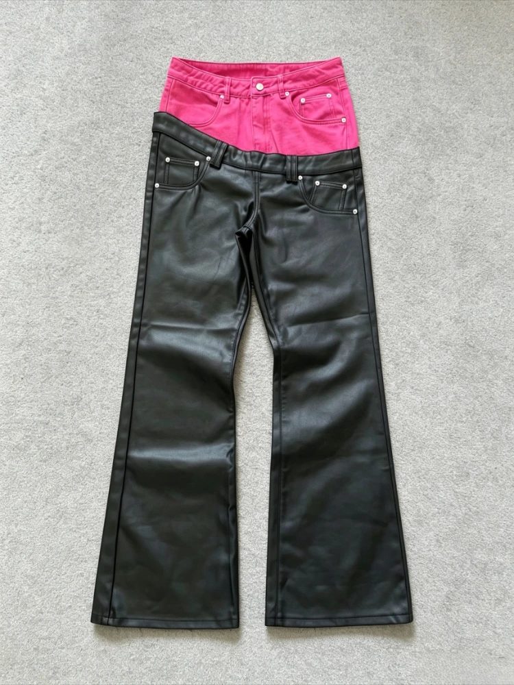Y2K Punk Leather Bootcut Jeans Asymmetry Double Waist Twotone Construction Denim Pants Gothic Chic Streetwear Unisex Baggy Jeans