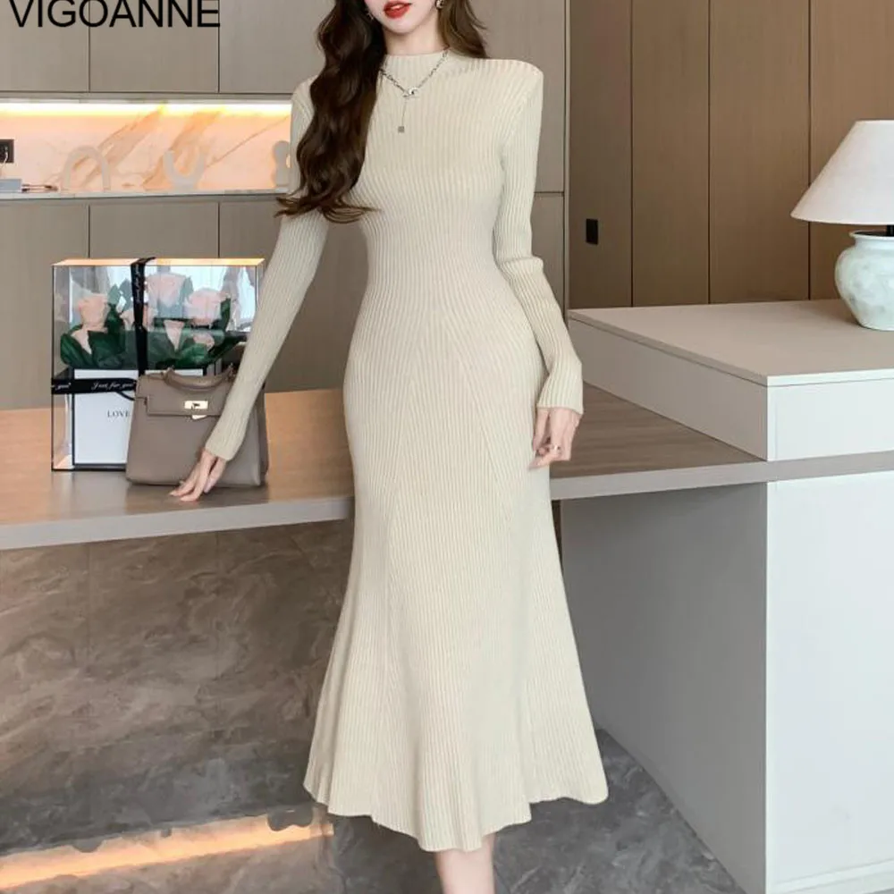 VigoAnne 2025 Woman Solid Long Sleeve Knit Dress Spring Autumn Slim Fit Korean Dresses Lady Evening Party Tight Long Dress