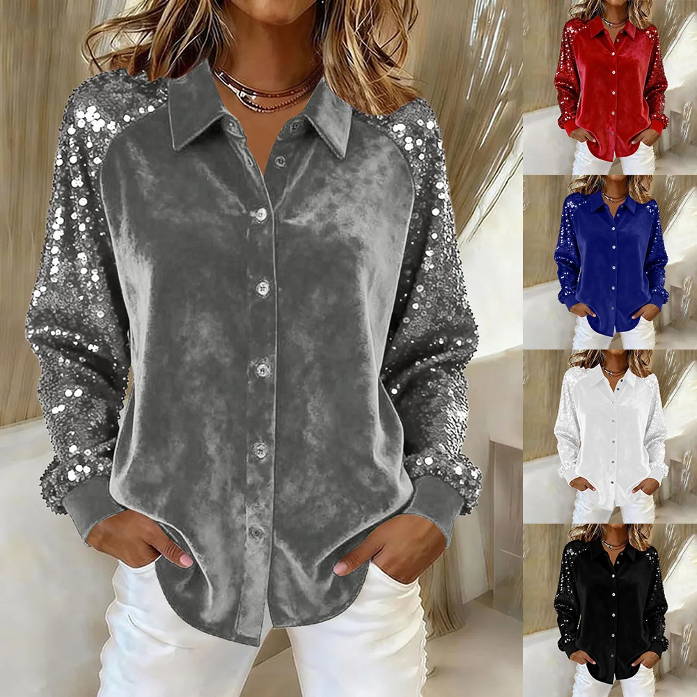 Long Sleeve Women Shirt with Lapel Neckline Combining Velvet Softness and Sequins Detailing via Precision Splicing