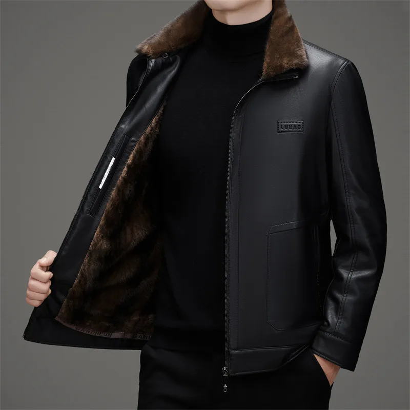 High Quality Men's Casual Faux Leather Duck Down Jackets Winter Streetwear Warm Puffer Coats Thicken Fur Collar Tops Down Parkas