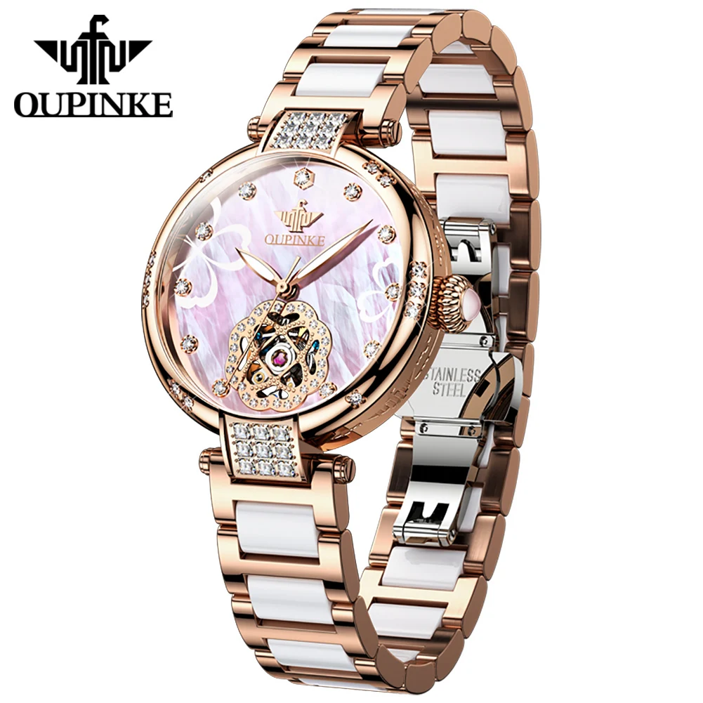 OUPINKE 3183 Women's Watches Original Hollow Automatic Mechanical Watch For Woman Luxury Ceramic Steel Strap Ladies Wristwatches