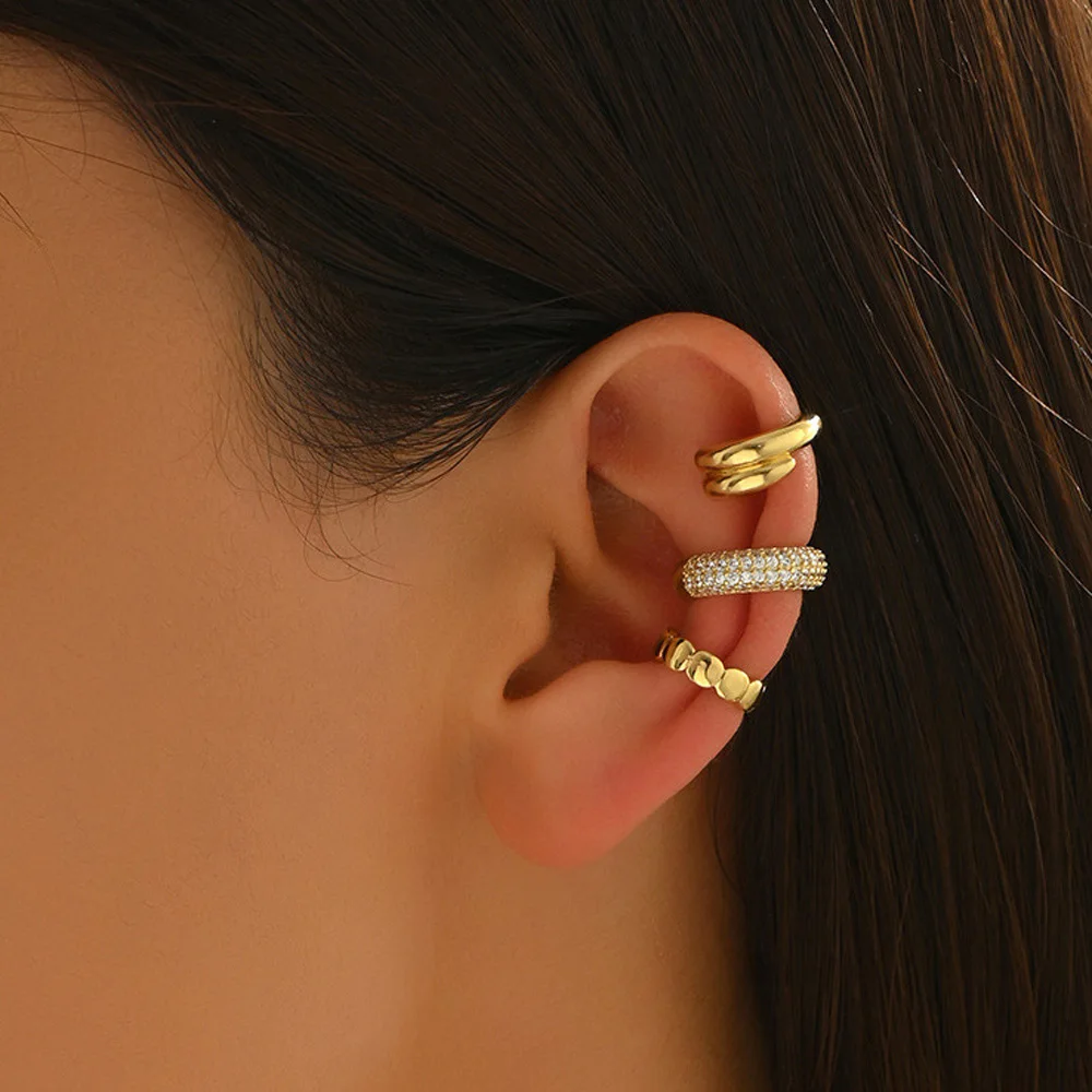 Un conjunto de 3 unidades de pendientes de Clip de circonio de Color dorado, manguito de oreja Punk sin Piercings, oreja de cartílago falso para mujer, joyería de moda