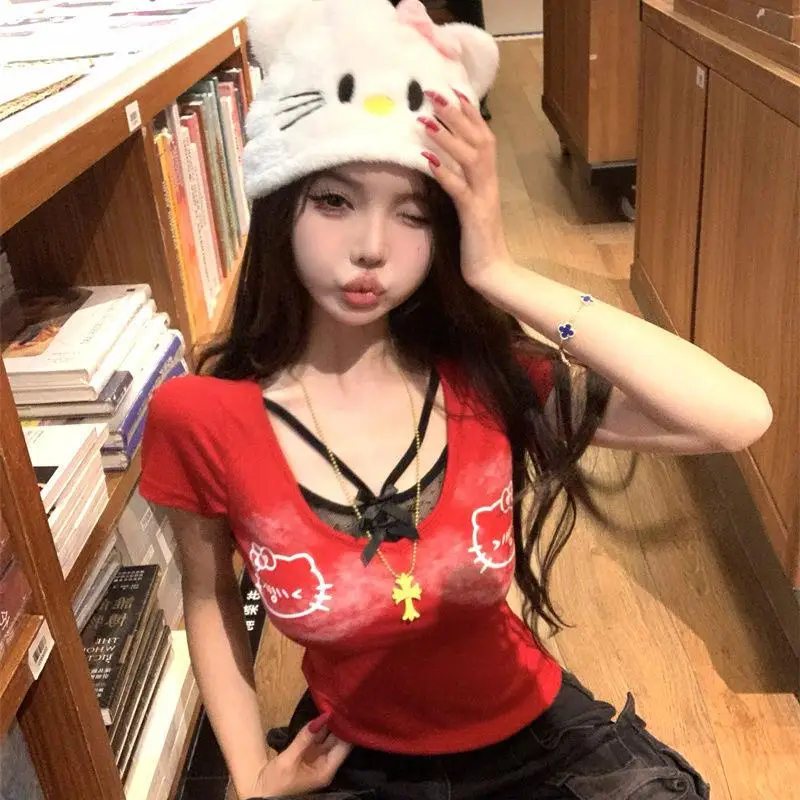 

Sanrio Kawaii футболка «Hello Kitty», летняя тонкая модная футболка с короткими рукавами для девочек, удобный уличный милый мультяшный подарок для подруги