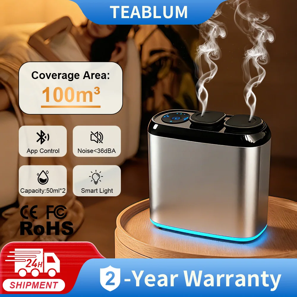 TEABLUM Dual Nozzle Aroma Diffuser Smart Timer Electric Perfume Oil Diffuser Aluminum Scent Nebulizer Diffuser Home Appliances