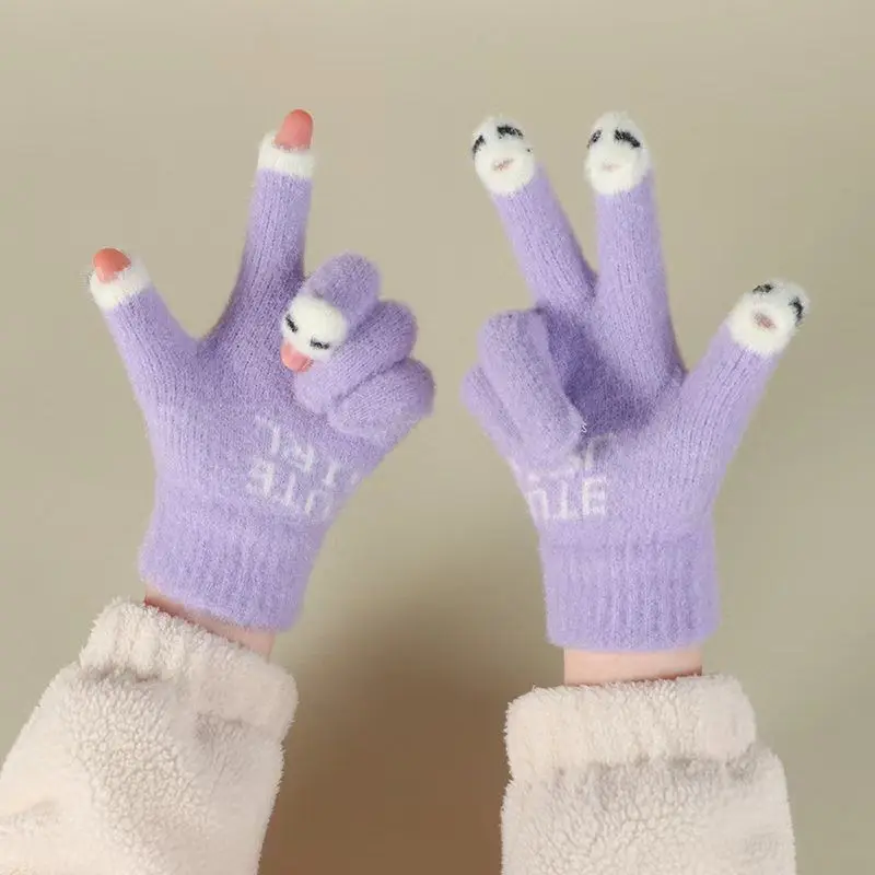 Guantes de punto sin dedos para mujer y niña, manoplas gruesas y cálidas de dedo completo para esquiar al aire libre, bonito Panda, Invierno