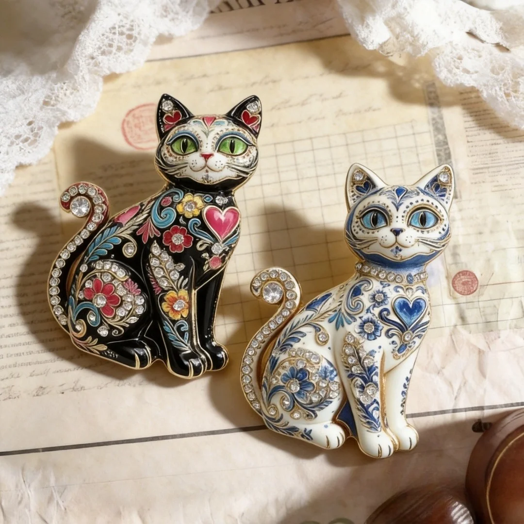 Elegante Vintage-Katzenbrosche, zweifarbig, mit Emaille und Strasssteinen, bemaltes Tiermotiv, geeignet für Damen und Herren, für Büro und Partys. – Detail 3