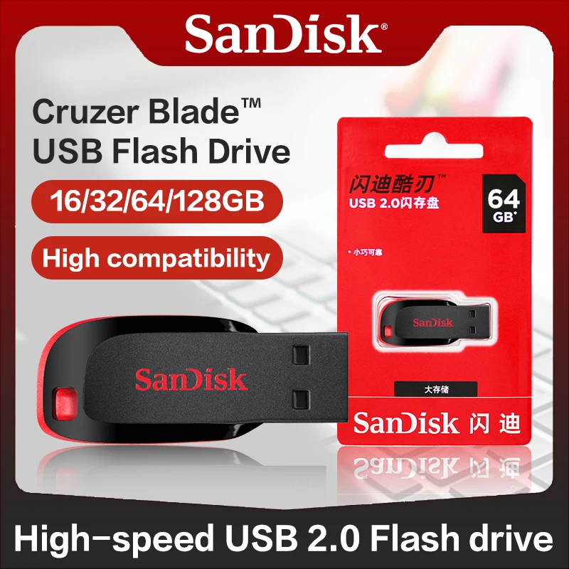 128G 64G 32G 16G Original SanDisk Cruzer Blade USB Flash Drive USB2.0 High-performance For Desktop/Laptop/Car Stereo/Audio Playe