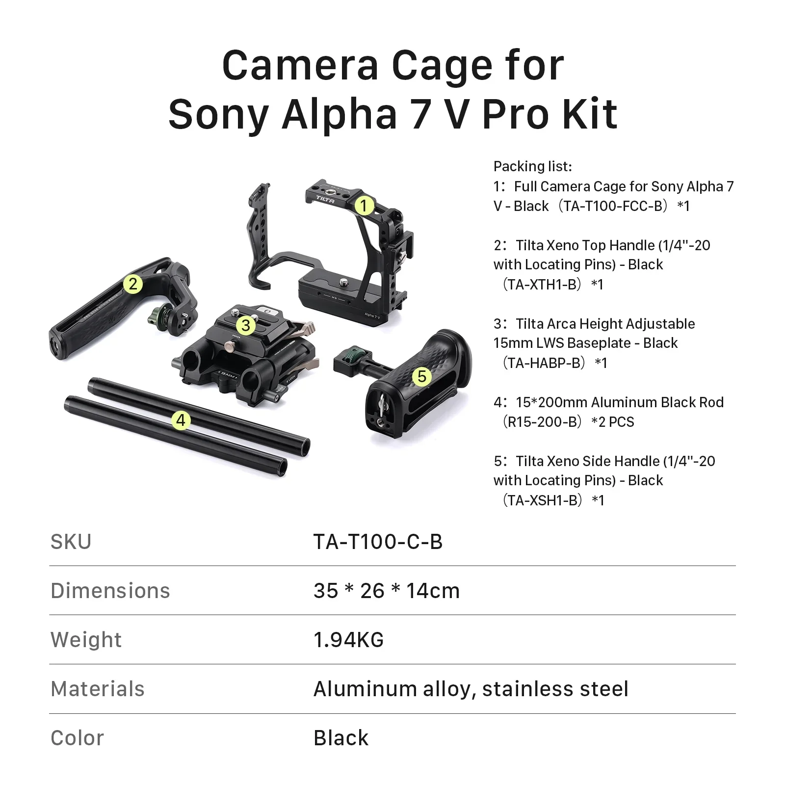 TILTA A7 V Camera Cage voor Sony Alpha 7 V A7M5 A7 IV 7R V met kabelklem Xeno zijhandgreep PD V-mount batterijhouder TA-T100